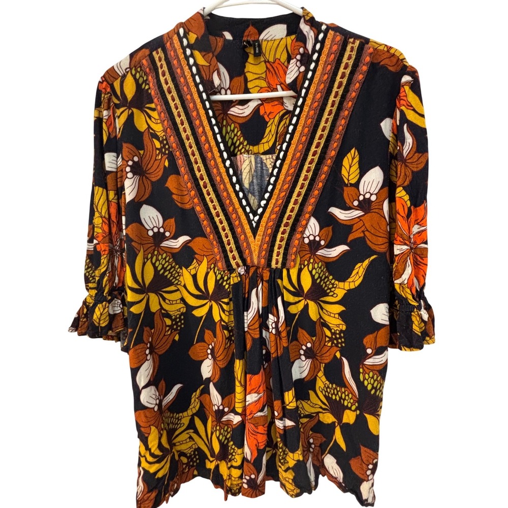 Blank London Floral Boho Tunic Top XL Orange Yellow V-Neck Embroidered Ruffle